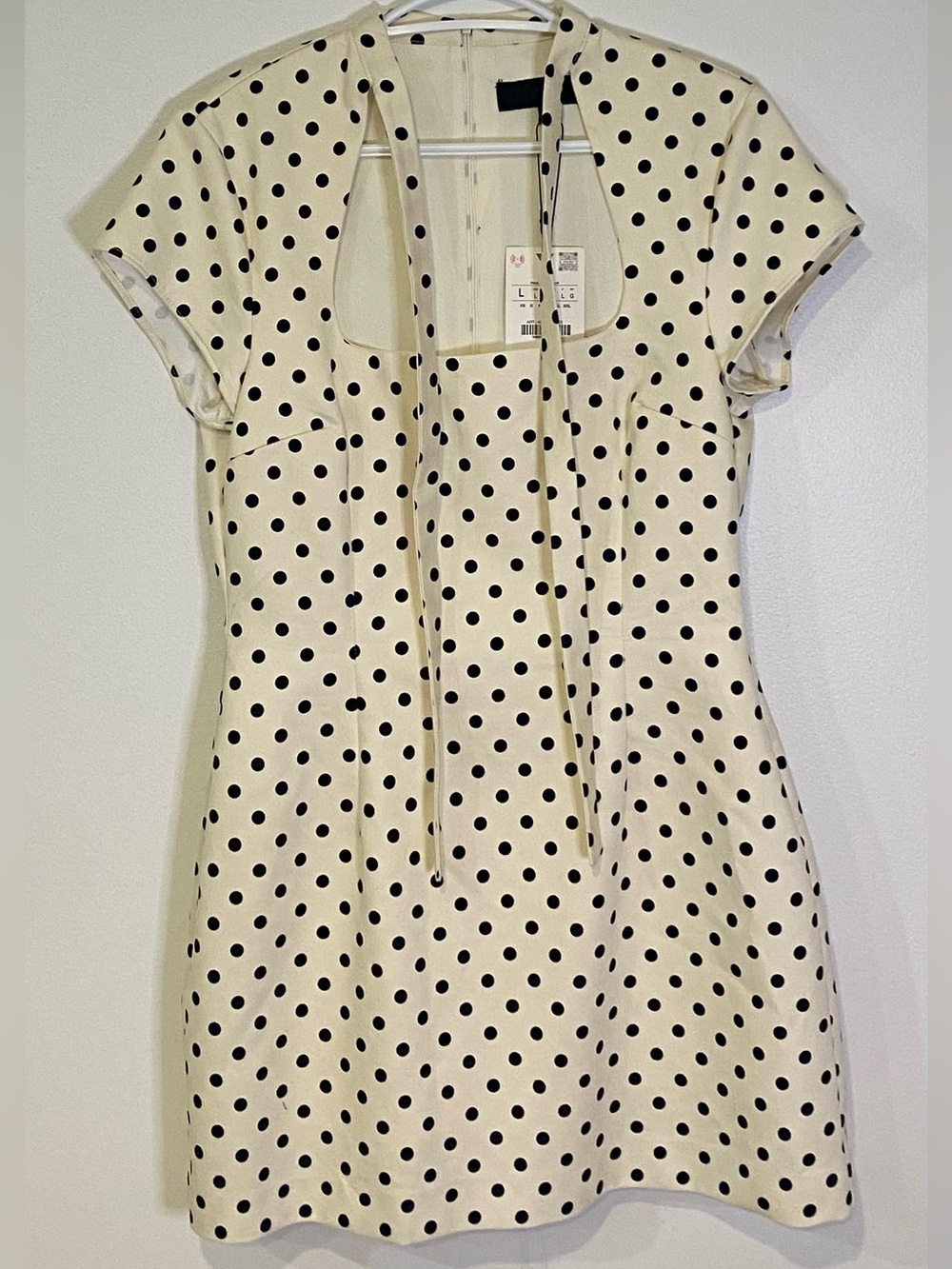 ZARA Polka Dot Short Dress with Tie Detail Cream & Black Large
